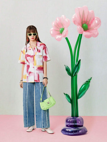 Women's Oil Painting Abstract Pattern Print Loose Casual Shirt With Pockets