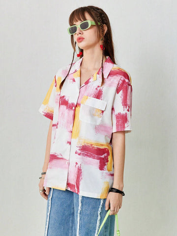 Women's Oil Painting Abstract Pattern Print Loose Casual Shirt With Pockets