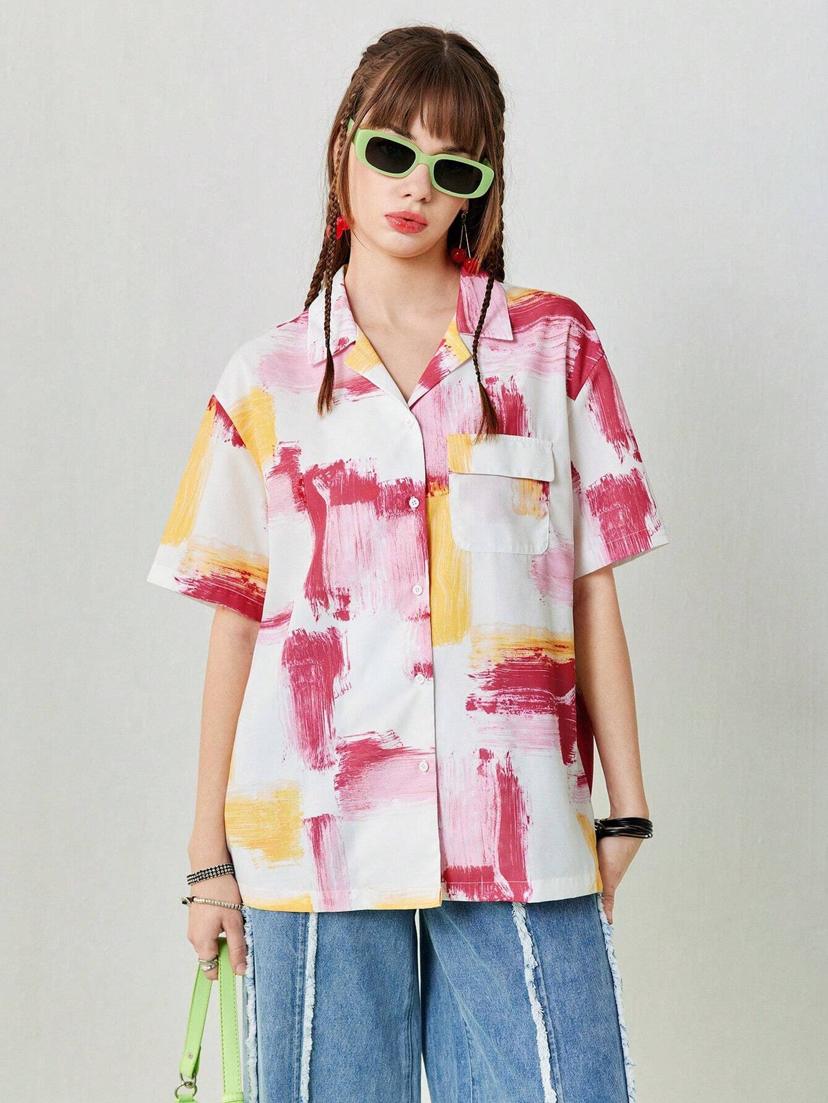 Women's Oil Painting Abstract Pattern Print Loose Casual Shirt With Pockets