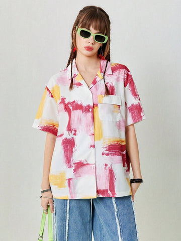 Women's Oil Painting Abstract Pattern Print Loose Casual Shirt With Pockets