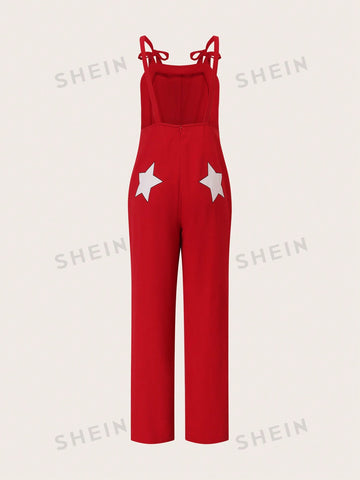 Women's Star Printing Sleeveless Red Jumpsuit With Suspenders