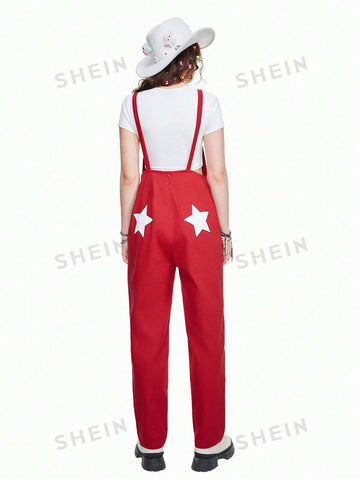 Women's Star Printing Sleeveless Red Jumpsuit With Suspenders