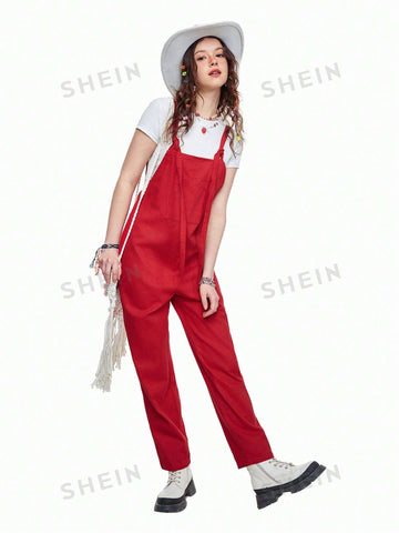 Women's Star Printing Sleeveless Red Jumpsuit With Suspenders
