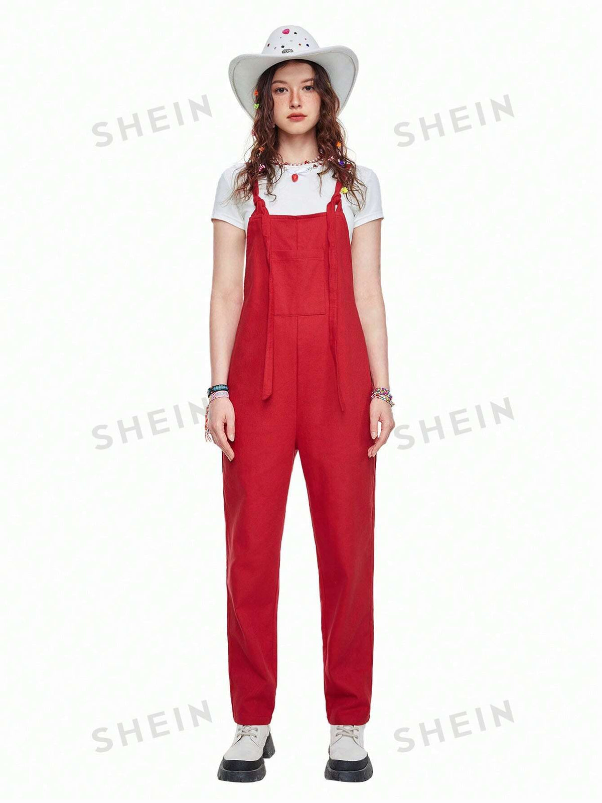 Women's Star Printing Sleeveless Red Jumpsuit With Suspenders
