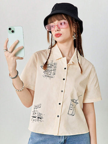 Women's Summer Cartoon Print Short Sleeve Casual Loose Shirt