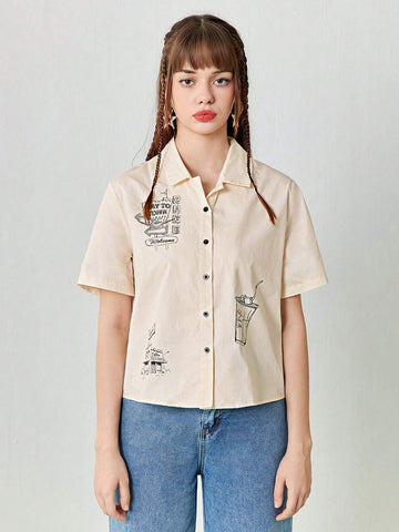 Women's Summer Cartoon Print Short Sleeve Casual Loose Shirt