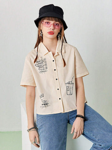 Women's Summer Cartoon Print Short Sleeve Casual Loose Shirt