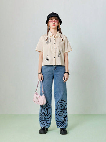 Women's Summer Cartoon Print Short Sleeve Casual Loose Shirt