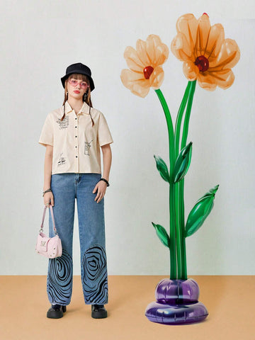 Women's Summer Cartoon Print Short Sleeve Casual Loose Shirt