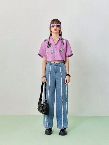 Women's Summer Casual Cartoon Chapter Embroidered Purple Short Loose Shirt