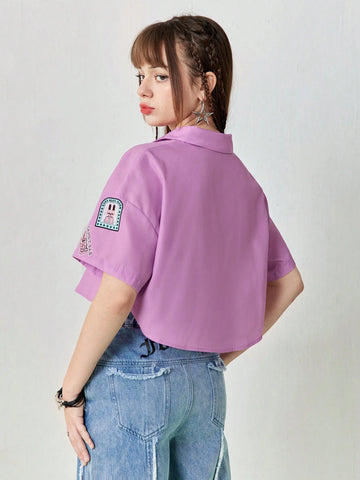 Women's Summer Casual Cartoon Chapter Embroidered Purple Short Loose Shirt