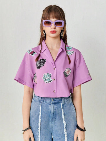 Women's Summer Casual Cartoon Chapter Embroidered Purple Short Loose Shirt