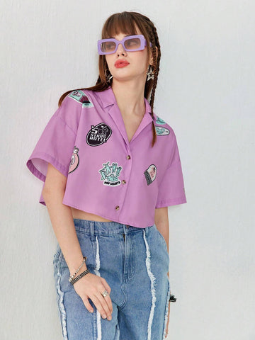 Women's Summer Casual Cartoon Chapter Embroidered Purple Short Loose Shirt