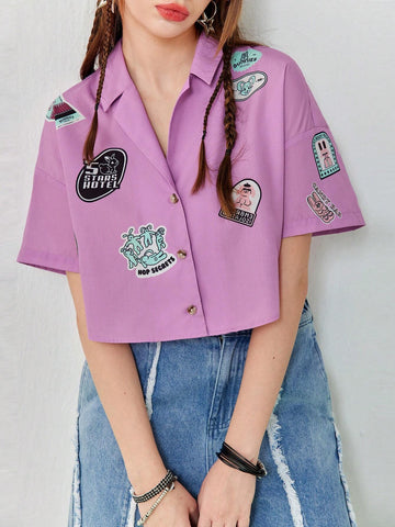 Women's Summer Casual Cartoon Chapter Embroidered Purple Short Loose Shirt