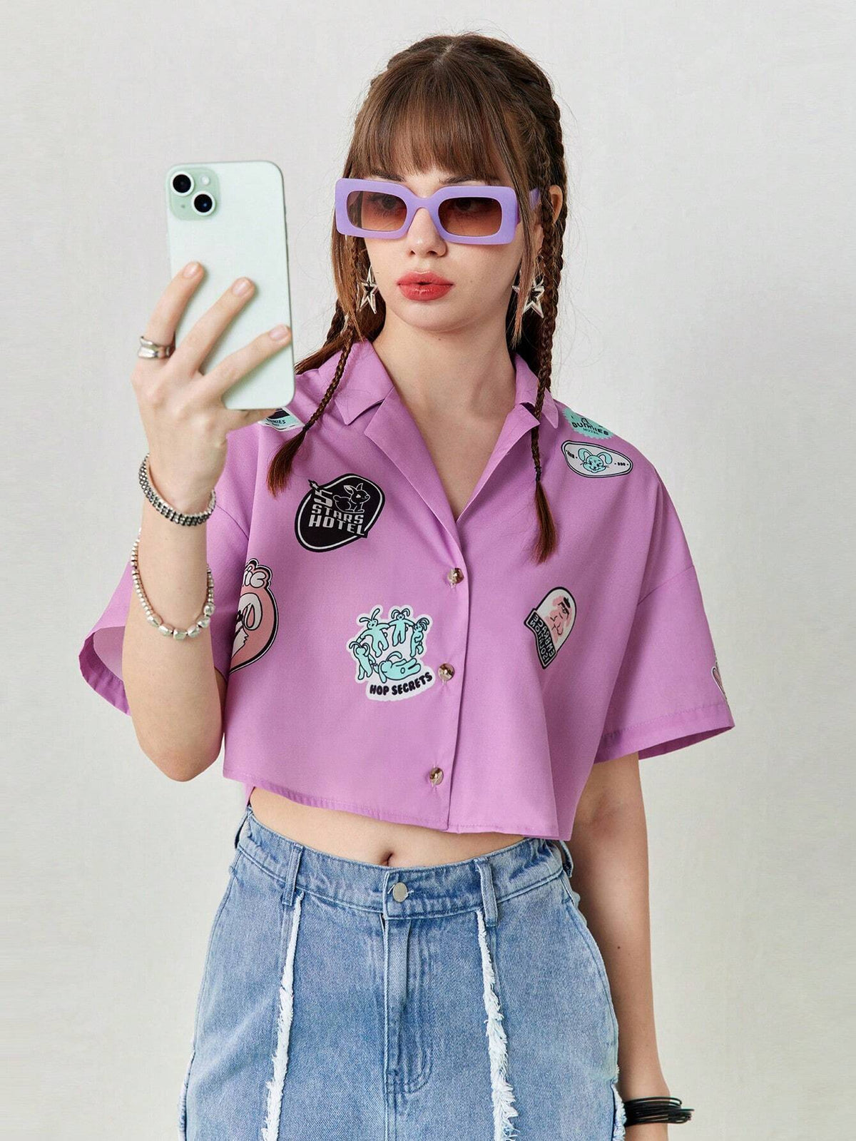 Women's Summer Casual Cartoon Chapter Embroidered Purple Short Loose Shirt