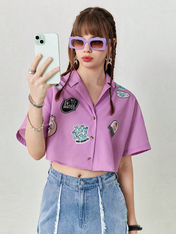 Women's Summer Casual Cartoon Chapter Embroidered Purple Short Loose Shirt