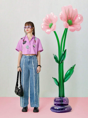 Women's Summer Casual Cartoon Chapter Embroidered Purple Short Loose Shirt