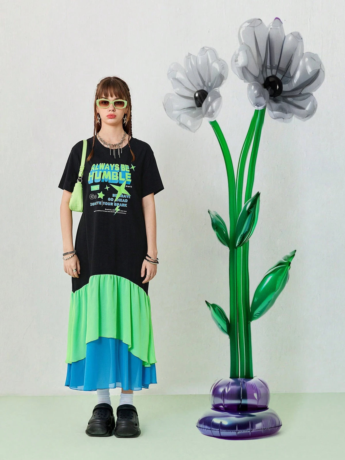 Women's Summer Casual Long T-Shirt Dress With Contrasting Color Chiffon Patchwork At The Hem.