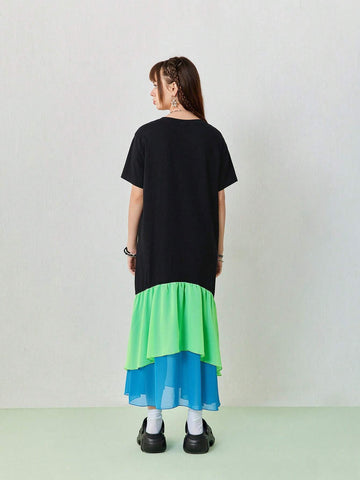 Women's Summer Casual Long T-Shirt Dress With Contrasting Color Chiffon Patchwork At The Hem.