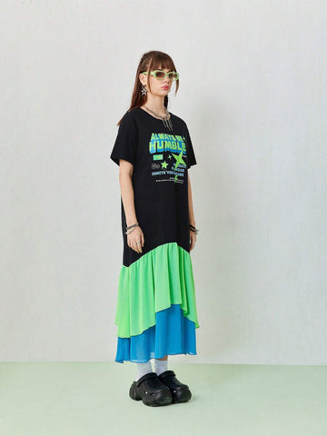 Women's Summer Casual Long T-Shirt Dress With Contrasting Color Chiffon Patchwork At The Hem.