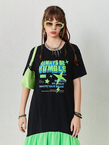 Women's Summer Casual Long T-Shirt Dress With Contrasting Color Chiffon Patchwork At The Hem.