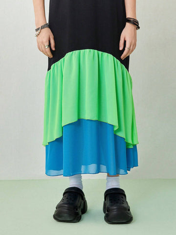 Women's Summer Casual Long T-Shirt Dress With Contrasting Color Chiffon Patchwork At The Hem.