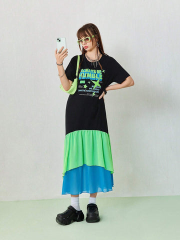 Women's Summer Casual Long T-Shirt Dress With Contrasting Color Chiffon Patchwork At The Hem.