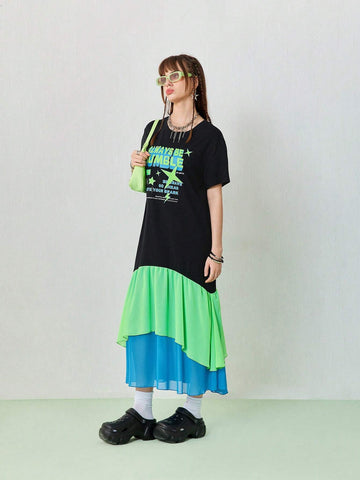 Women's Summer Casual Long T-Shirt Dress With Contrasting Color Chiffon Patchwork At The Hem.