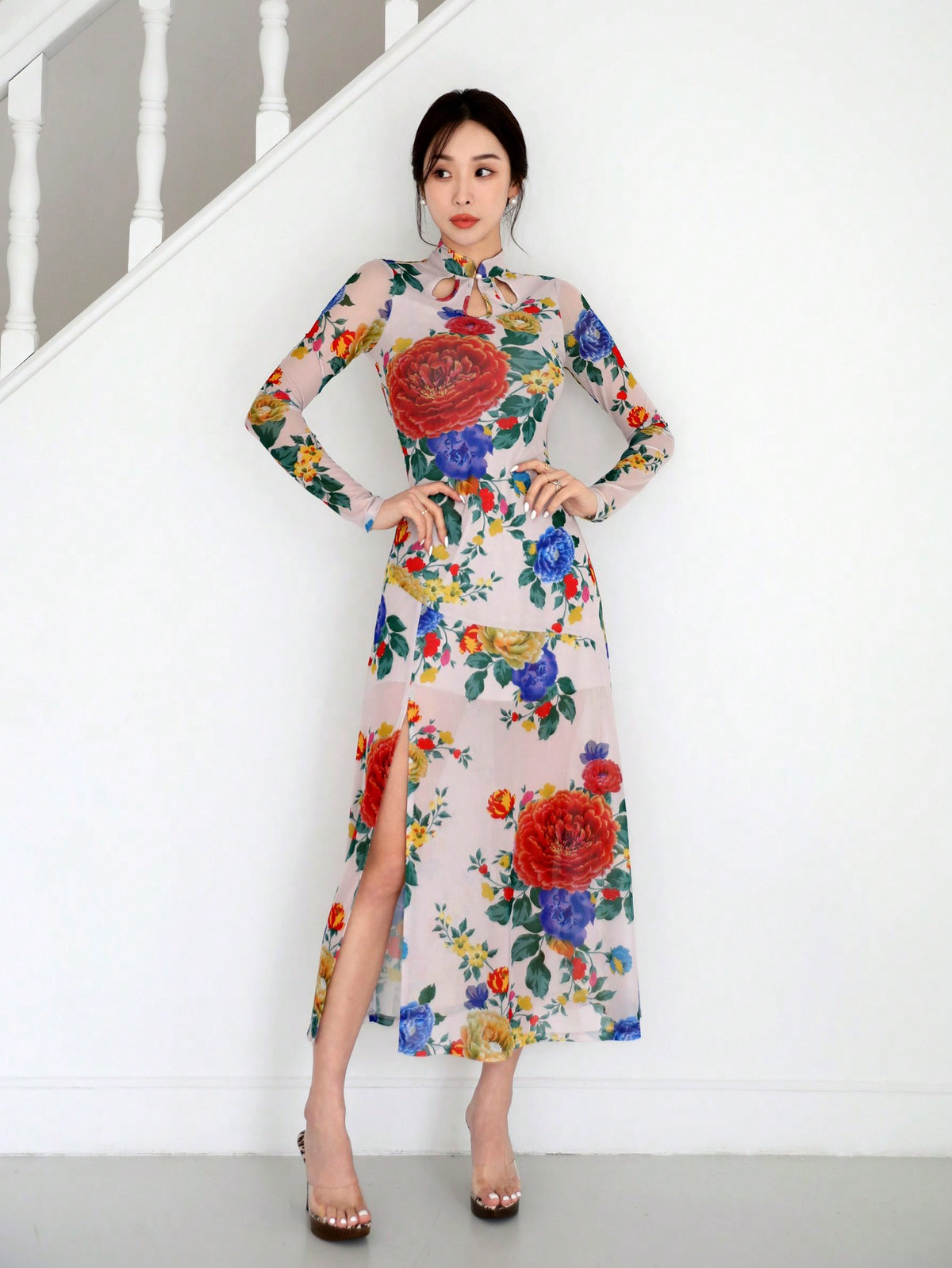Women's Vintage Cheongsam Dress With Chinese Style Floral Print And High Slit, Perfect For Parties, Dates, Spring Outings