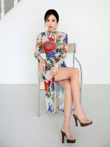 Women's Vintage Cheongsam Dress With Chinese Style Floral Print And High Slit, Perfect For Parties, Dates, Spring Outings