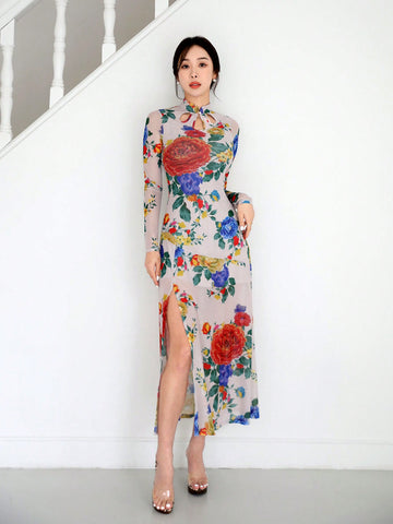 Women's Vintage Cheongsam Dress With Chinese Style Floral Print And High Slit, Perfect For Parties, Dates, Spring Outings
