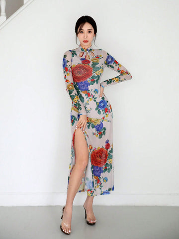 Women's Vintage Cheongsam Dress With Chinese Style Floral Print And High Slit, Perfect For Parties, Dates, Spring Outings