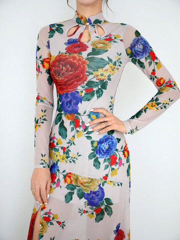 Women's Vintage Cheongsam Dress With Chinese Style Floral Print And High Slit, Perfect For Parties, Dates, Spring Outings