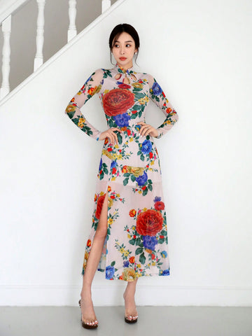 Women's Vintage Cheongsam Dress With Chinese Style Floral Print And High Slit, Perfect For Parties, Dates, Spring Outings