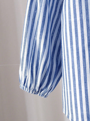 10pcs Fall & 5pcs Winter Young Girl Woven Striped Lapel Loose Casual Blouse, Blue & White