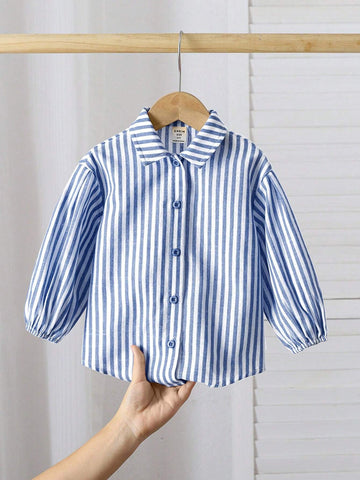 10pcs Fall & 5pcs Winter Young Girl Woven Striped Lapel Loose Casual Blouse, Blue & White