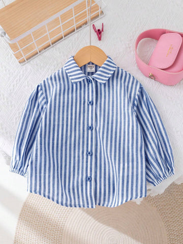 10pcs Fall & 5pcs Winter Young Girl Woven Striped Lapel Loose Casual Blouse, Blue & White