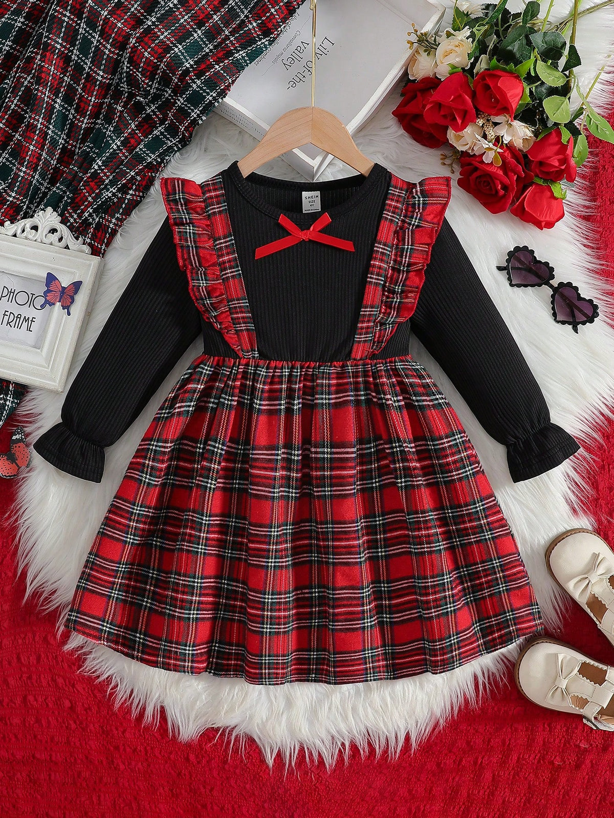 1pc Girl Santa Dress, Red Plaid Patchwork & White Shirt Design, Suspender Skirt, Suitable For Christmas Party, Autumn