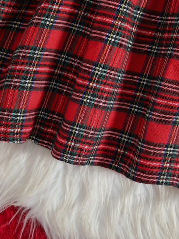 1pc Girl Santa Dress, Red Plaid Patchwork & White Shirt Design, Suspender Skirt, Suitable For Christmas Party, Autumn