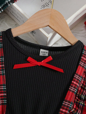 1pc Girl Santa Dress, Red Plaid Patchwork & White Shirt Design, Suspender Skirt, Suitable For Christmas Party, Autumn
