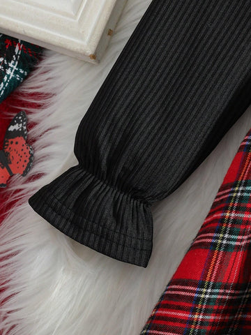1pc Girl Santa Dress, Red Plaid Patchwork & White Shirt Design, Suspender Skirt, Suitable For Christmas Party, Autumn
