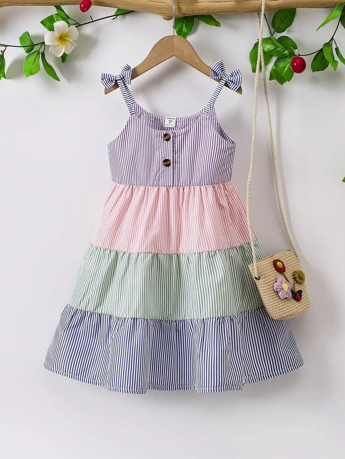 1pc Girls' Casual Simple Color Block Striped Strap Cake Dress, Summer
