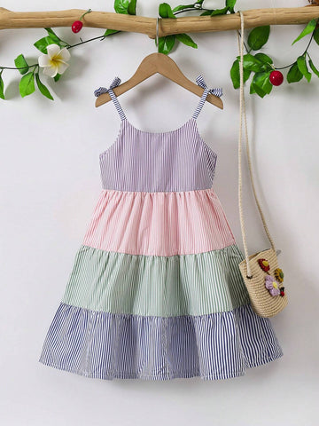 1pc Girls' Casual Simple Color Block Striped Strap Cake Dress, Summer