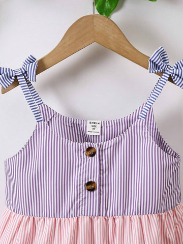 1pc Girls' Casual Simple Color Block Striped Strap Cake Dress, Summer