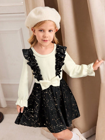 1pc Girls Elegant Apricot Knitted Bell-Sleeve Top With Contrast Black Velvet Bib Dress, Suitable For Party, Banquet In Autumn
