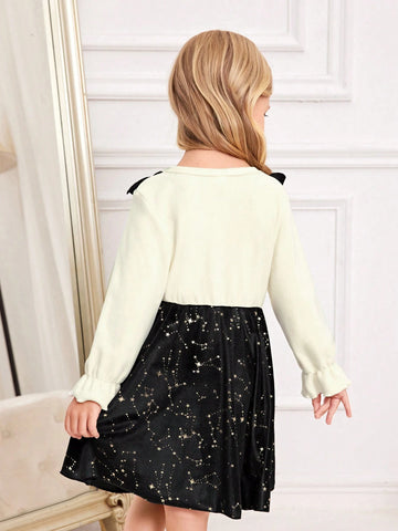 1pc Girls Elegant Apricot Knitted Bell-Sleeve Top With Contrast Black Velvet Bib Dress, Suitable For Party, Banquet In Autumn