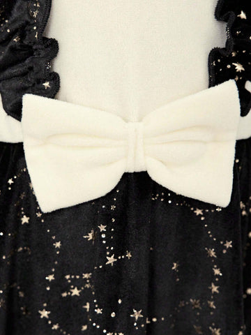 1pc Girls Elegant Apricot Knitted Bell-Sleeve Top With Contrast Black Velvet Bib Dress, Suitable For Party, Banquet In Autumn