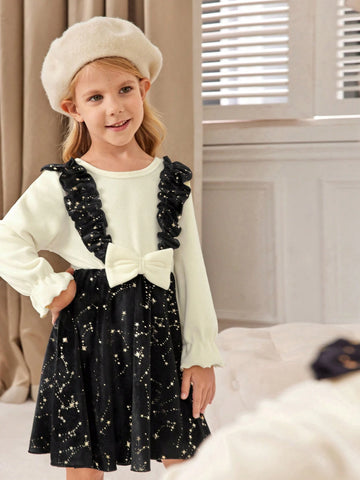 1pc Girls Elegant Apricot Knitted Bell-Sleeve Top With Contrast Black Velvet Bib Dress, Suitable For Party, Banquet In Autumn