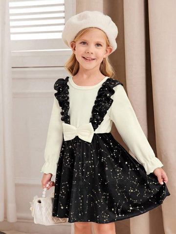 1pc Girls Elegant Apricot Knitted Bell-Sleeve Top With Contrast Black Velvet Bib Dress, Suitable For Party, Banquet In Autumn