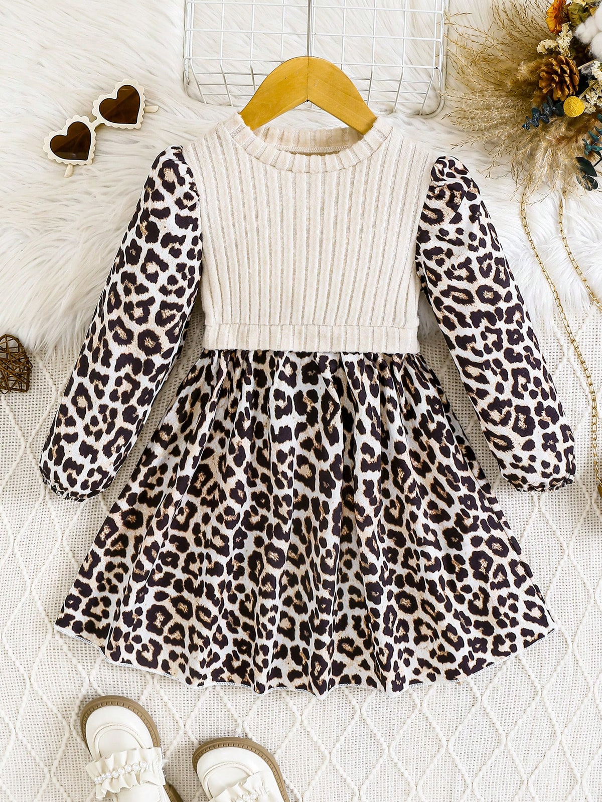 1pc Girls' Knitted Roundneck Leopard Print Long Sleeve Dress With Ribbed Hem, A-Line Hem, Elasticated Waist, Casual Everyday Wear, Autumn/Winter